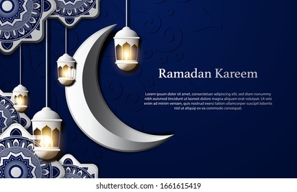 Vector graphic of Ramadan Kareem with White Moon and Blue Background. Fit for greeting card, wallpaper and other.