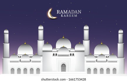 Vector graphic of Ramadan Kareem with White Mosque and night sky background. Fit for greeting card, wallpaper and other ramadan background.