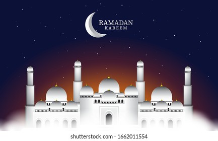 Vector graphic of Ramadan Kareem with White Mosque and night sky background. Fit for greeting card, wallpaper and other ramadan background.