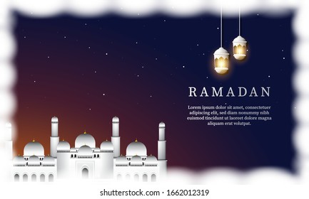Vektorillustration-Grafik von Ramadan Kareem mit Weiße Moschee und Laterne. Geeignet für Grußkarte, Tapete und anderen rmadanischen Hintergrund.