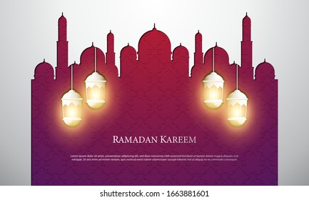 Vector graphic of Ramadan Kareem with White Lantern. Fit for greeting card, wallpaper and other ramadan background.