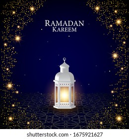 Gráfico vectorial de Ramadan Kareem con linterna blanca en fondo azul. Apto para tarjeta de felicitación, papel pintado y otros.