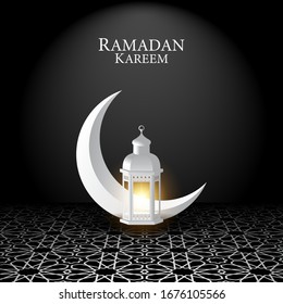 Vector graphic of Ramadan Kareem with White Crescent Moon and White Lantern on Black Background. Fit for greeting card, wallpaper and other.