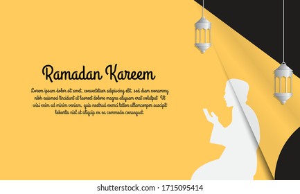 Vector Graphic of Ramadan Kareem with white lantern and silhouette of a moslem praying.