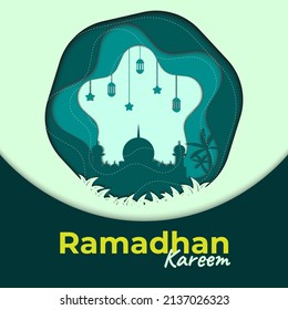 Vektorgrafik von Ramadhan Grußkarte. Mit grünem und gelbem Farbschema. Und auch mit Papierschnitt-out-Stil. Perfekt für Social Media-Post 