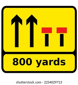 Vector graphic of a rectangular yellow sign warning of temporary lane closure (the number and position of arrows and red bars may be varied according to lanes open and closed)