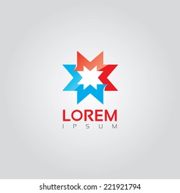 Vector graphic red and cyan star shaped flower symbol with sample text