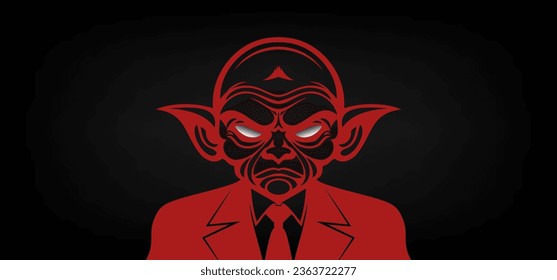 Vector graphic red portrait of a sullen evil goblin wearing a suit, tie and empty white eyes. Black isolated background.