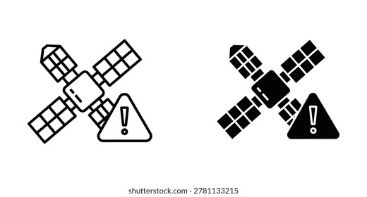 Vector graphic representing satellite failure with an alert symbol. Ideal for tech blogs, network status pages, or cybersecurity awareness campaigns.
