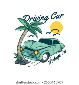 Vector graphic retro car driving illustration. Beach vector flat design