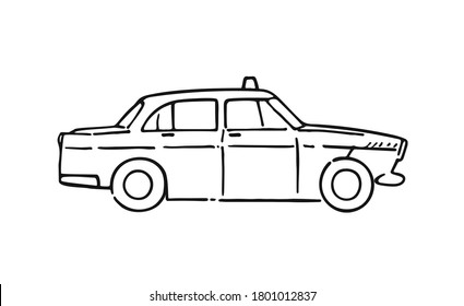 Vector graphic retro taxicab on white background. Classic taxi car model side view sketch line vector drawing.