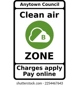 Vector graphic road sign for clean air zone. It consists of a green pollution icon and informs that traffic charges must be paid online. It consists of a white sign with black lettering