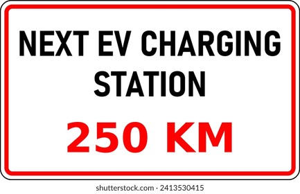 Vektorgrafik des Straßenzeichens, das die nächste EV-Ladestation zeigt, ist 250 Kilometer entfernt. Diese Informationen wären nützlich, um Entfernungsangst zu verringern