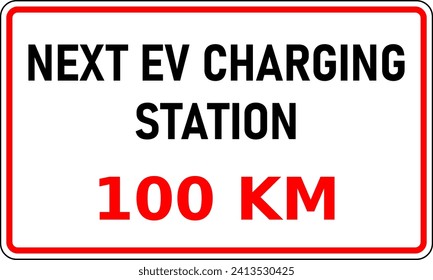 Vektorgrafik des Straßenzeichens, das die nächste EV-Ladestation zeigt, ist 100 Kilometer entfernt. Diese Informationen wären nützlich, um Entfernungsangst zu verringern