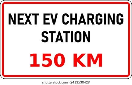 Vector graphic of road sign showing the next EV charging station is 150 kilometers away. This information would be useful in reducing range anxiety