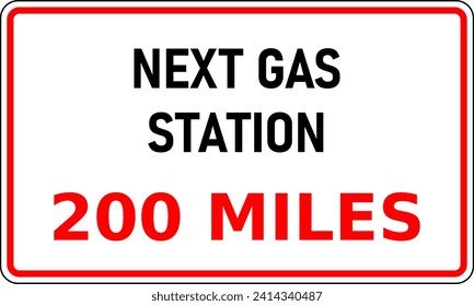 El vector gráfico de la señal de la carretera que muestra la próxima estación de combustible de combustión interna (hielo) está a 200 millas (320 km) de distancia. Útil para la planificación del viaje