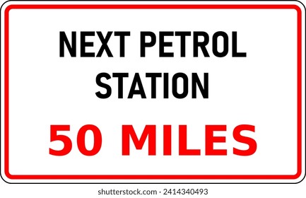 Vector graphic of road sign showing the next internal combustion (ice) fuel station is 50 miles away. Useful for journey planning