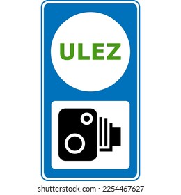 Vector graphic road sign for the ULEZ (Ultra low emission zone) and a radar camera to enforce the charging. It consists of a blue sign with white lettering