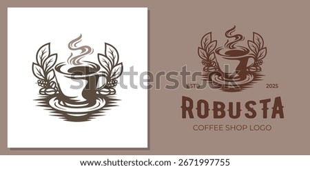 Vector Graphic Of Robusta Coffee Shop Logo Design With Vintage Steaming Cup and Coffee Leaves Concept for Café, Barista, and Beverage Brand
