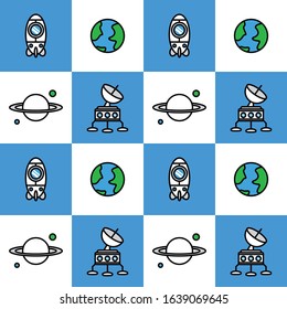Vector graphic of rocket, spaceship, earth, Saturn, other planet make a pattern. Fit to place on packaging of children product, wallpaper, backdrop, etc.