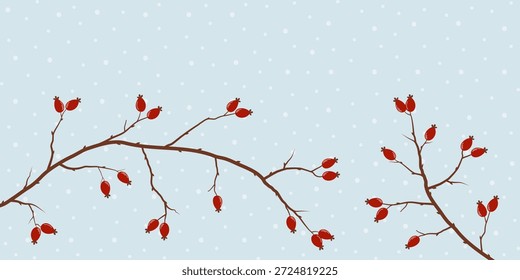 Vector graphic with rosehip branches in front of a snow background. Free space for text. Template for invitations, greeting cards, social media posts and advertising.
