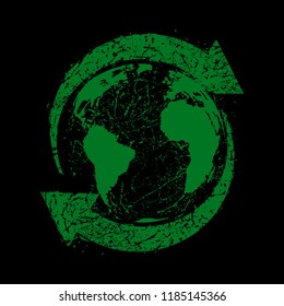 Vector graphic of rotating arrows moving clockwise around distressed earth, symbolising the importance of recycling waste, be it plastics or any other non-organic material. One earth, one chance.