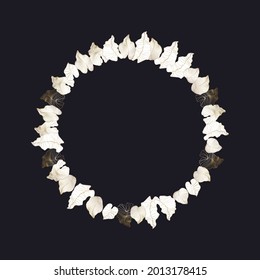 Vector graphic round pattern with jungle tropical palm leaves. Luxury gold and white, black background. Exotic botanical design for textile, wallpaper, website