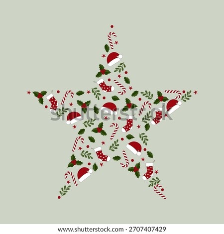 Vector graphic with Santa hats, Christmas stockings, candy canes, stars, leaves and berries.