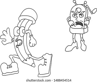 vector graphic of a scared pencil runs away from the evil sharpener