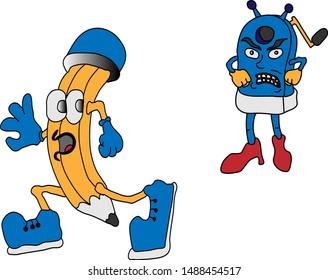 vector graphic of a scared pencil runs away from the evil sharpener