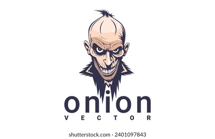 Vector graphic scary unusual logo. Portrait of a terrible smiling toothy freak. Inscription, onion. A look from under your brows. White isolated background.
