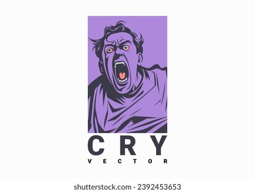 Vector graphic screaming man with disheveled hair and bulging red eyes. Logo. White isolated background.