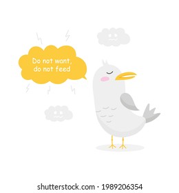 Vector graphic sea gull. Cartoon bird for print, children development. Flat, humorous food text. Seagull on isolated white background