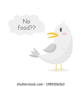 Vector graphic sea gull. Cartoon bird for print, children development. Flat, humorous food text. Seagull on isolated white background