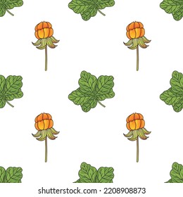 Vector graphic seamles pattern with rubus chamaemorus berries and leaves on a white background