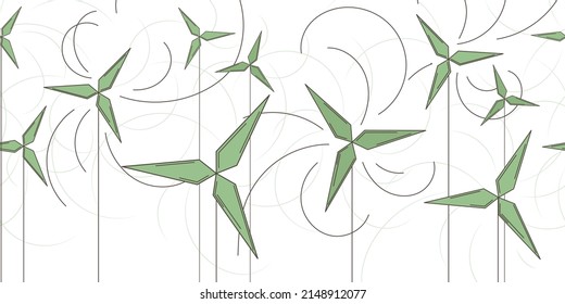 Vector graphic seamless field with stylized windmills. Concept of ecological alternative energy and environment saving. Wind farm - wind-powered electrical generators.