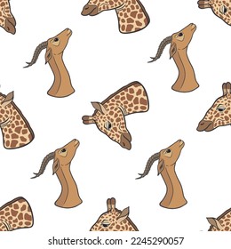 Vector graphic seamless pattern with african animals heads. Antelope, giraffe on a white background