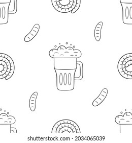 Vector graphic seamless pattern with beer and food on a white background