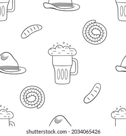 Vector graphic seamless pattern with beer, hats and food on a white background