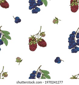 Vector graphic seamless pattern with blue berry and raspberry on a white background