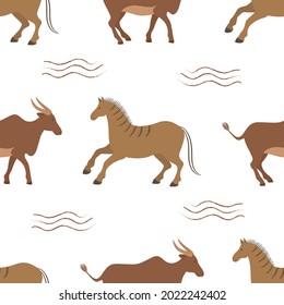 Vector graphic seamless pattern with bulls and horses on a white background