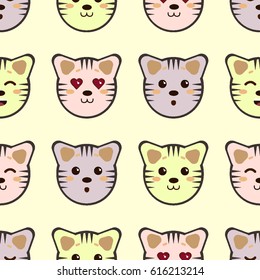 Vector graphic seamless pattern with cats, tigers. Baby animals background in light colors. Banner with childhood's pattern