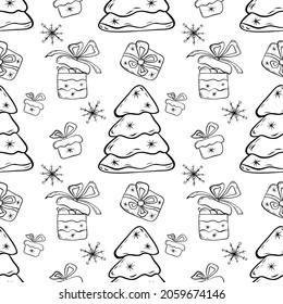 Vector graphic seamless pattern with Christmas elements, Christmas tree, gift boxes, snowflakes. Background in the style of hand-drawn doodles. For the design of gift paper, fabric, decor.