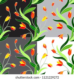 Vector graphic seamless pattern Colorful Tulips. Beautiful hand-drawn background for print and insertion into a document, a website, a presentation, etc.
