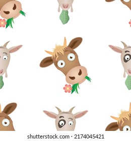 Vector graphic seamless pattern with cows and goats on a white background