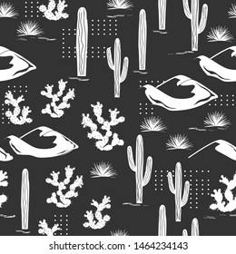 Vector graphic seamless pattern with desert dunes, saguaro cactuses, prickly pear, and dots. Black and white. Stylish adventure background for teens, cards, textile or wallpapers