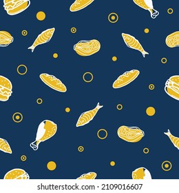 Vector graphic of seamless pattern design with dark blue, yellow and white color scheme. Perfect for pattern of textile industry