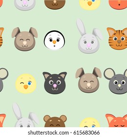 Vector graphic seamless pattern with different animals' faces. Seamless childhood's pattern on green background