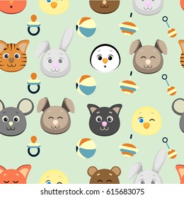 Vector graphic seamless pattern with different animals' faces and baby stuff. Seamless childhood's pattern on green background
