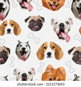 Vector graphic seamless pattern of dog's muzzles heads. Different breeds dog's faces isolated on white background. Low poly polygonal style. For kids, children. veterinary, shop, print.